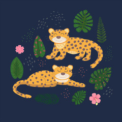 Tropical pattern with leopards and palm leaves. African motifs.