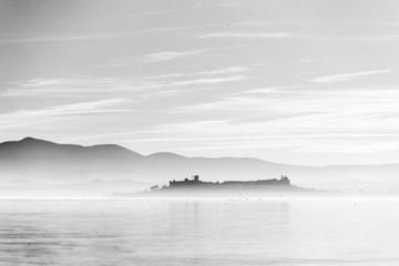 Beautiful view of Trasimeno lake at sunset with birds on water and Castiglione del Lago town