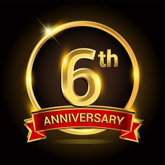 6th golden anniversary logo with ring and red ribbon isolated on black background, vector design for birthday celebration, marriage, corporate, and your business.