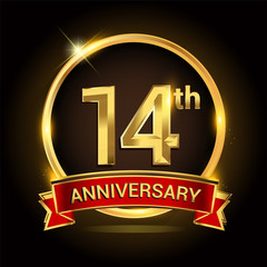 14th golden anniversary logo with ring and red ribbon isolated on black background, vector design for birthday celebration, marriage, corporate, and your business.