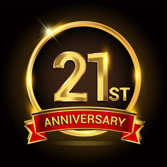 21st golden anniversary logo with ring and red ribbon isolated on black background, vector design for birthday celebration, marriage, corporate, and your business.