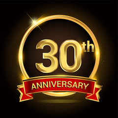30th golden anniversary logo with ring and red ribbon isolated on black background, vector design for birthday celebration, marriage, corporate, and your business.
