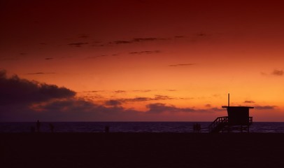 Lifeguard tower at sunset in Hermosa Beach.