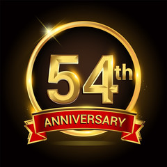 54th golden anniversary logo with ring and red ribbon isolated on black background, vector design for birthday celebration, marriage, corporate, and your business.