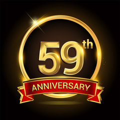 59th golden anniversary logo with ring and red ribbon isolated on black background, vector design for birthday celebration, marriage, corporate, and your business.