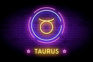 The Taurus zodiac symbol, horoscope sign in trendy neon style on a wall. The Taurus astrology sign with light effects for web or print.