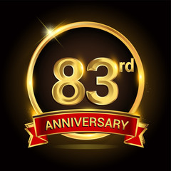 83rd golden anniversary logo with ring and red ribbon isolated on black background, vector design for birthday celebration, marriage, corporate, and your business.