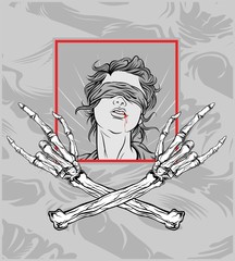 Obraz premium gril with hand skull metal.hand drawing,Shirt designs, biker, disk jockey, gentleman, barber and many others.isolated and easy to edit. Vector Illustration - Vector