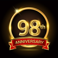 98th golden anniversary logo with ring and red ribbon isolated on black background, vector design for birthday celebration, marriage, corporate, and your business.