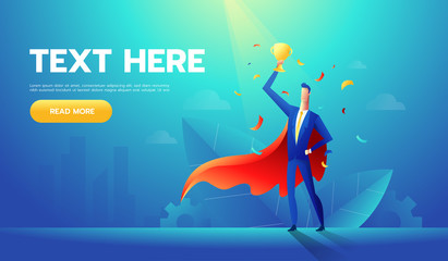 European businessman with cup on hand,winner or leader male character,isolated on blue background,flat vector illustration.