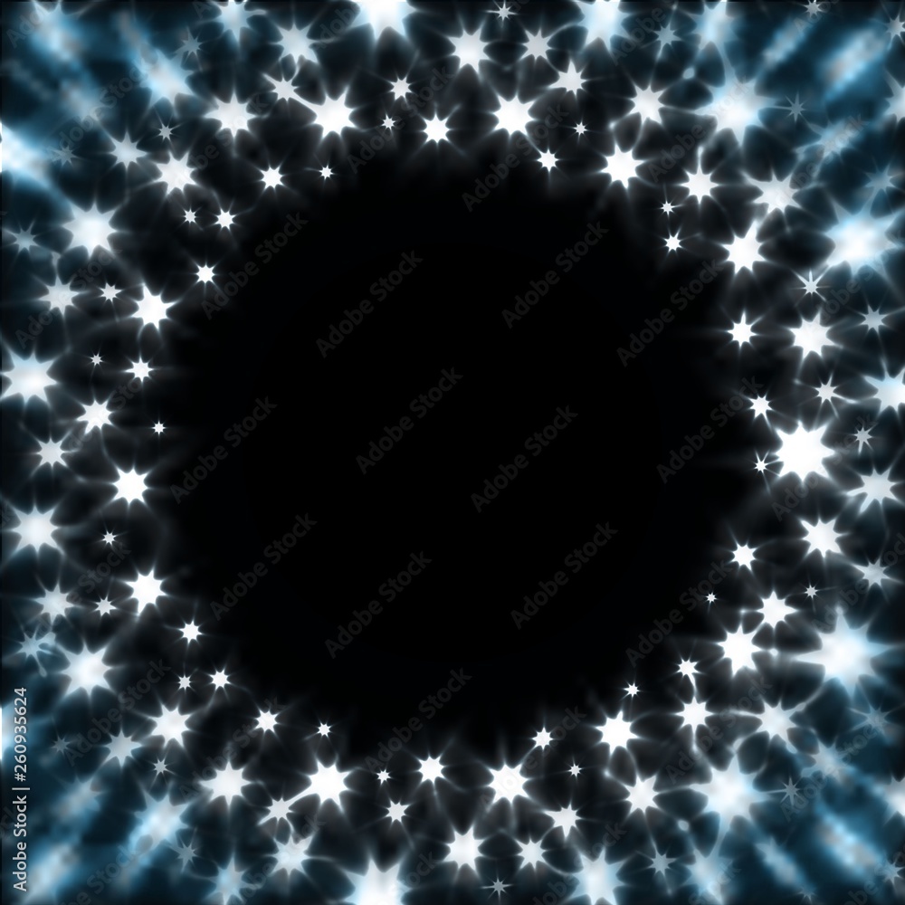 Poster vector background with circle frame of shiny stars on night sky. night party fireworks texture