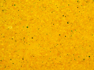Scores of yellow and green small spheres on abstract orange background. Close up macro shot. Blurred background. Selective soft focus. Abstract pattern of spheres. Colourful abstract universe