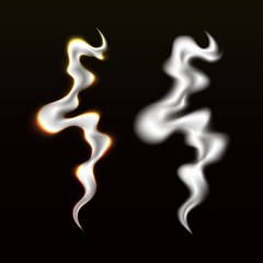 Realistic Glowing Smoke Waves Set. Vector Template Transparent Texture of Cigarette Smoke. Hot Steam Illustration
