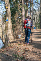 Fototapeta premium Pilgrim on the trail of St. James, Pilgrim, Wanderer with a backpack and a shell
