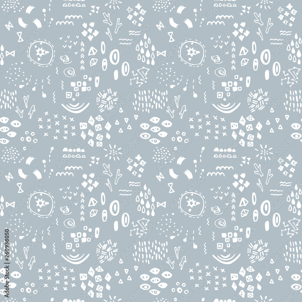 Poster White Whimsical Sketch on Light Gray Background. Vector Seamless Pattern. Abstract Modern Texture. Hand Drawn Graphic