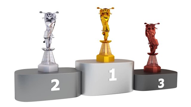 View of Sport Motorbike Gold Silver and Bronze Trophies in Infinite Rotation on a podium