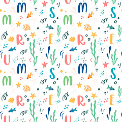 Marine cute seamless pattern with letters, starfish, fish and other underwter elements   