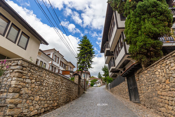 View over the old city and a narrow street in Ohrid, Macedonia.