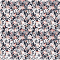 Floral seamless pattern. Vector illustration of abstract leaves, flowers, petunias and daisies in white and black. Designed for fashion, fabric, home decor.