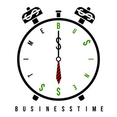 Conceptual money alarm clock with clock face stylized like text. Business time. Clock hands like dollar and business tie. Clock bell stylized like dollars.