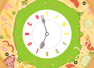 Time for lunch. Assorted pizza with conceptual vector watch with stylized clock hands like spoon and fork.