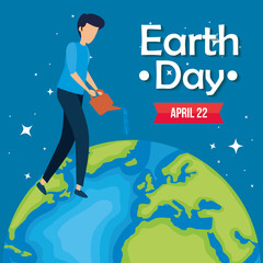 planet and man with waterin can to earth day