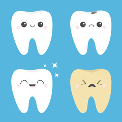 Tooth icon set. Healthy smiling Crying bad ill teeth. White Yellow Shining star. Before after Infographic. Cute cartoon kawaii character. Oral dental hygiene. Baby background. Flat design.