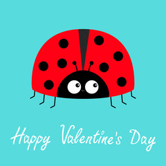Happy Valentines Day. Red lady bug ladybird icon. Love greeting card. Cute cartoon kawaii funny baby character.Flat design. Blue background.