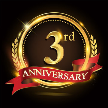 3rd golden anniversary logo, with shiny ring and red ribbon, laurel wreath isolated on black background, vector design for birthday celebration.