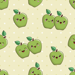 smiling cute cartoon kawaii green fruits of apple; seamless vector background