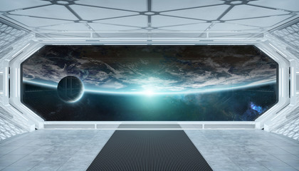 White blue spaceship futuristic interior with window view on planet Earth 3d rendering © sdecoret