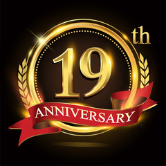 19th golden anniversary logo, with shiny ring and red ribbon, laurel wreath isolated on black background, vector design for birthday celebration.