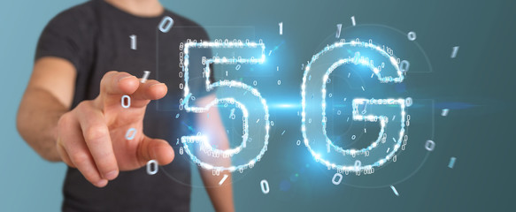 Businessman using 5G network digital hologram 3D rendering