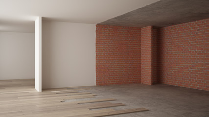 Home renovation, restructuring process, repair and wall painting, construction concept. Brick and painted walls, parquet floor, walls laying and covering, architecture interior design
