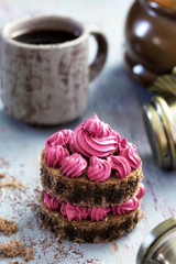Vintage dessert table with cake, coffee and telephone