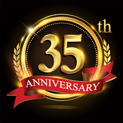 35th golden anniversary logo, with shiny ring and red ribbon, laurel wreath isolated on black background, vector design for birthday celebration.