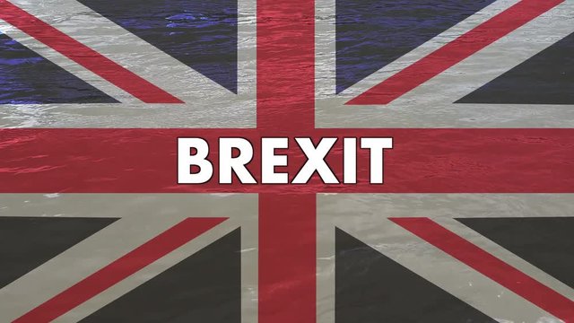 Union jack flag with the word 'Brexit' on water flowing in the background. 4k