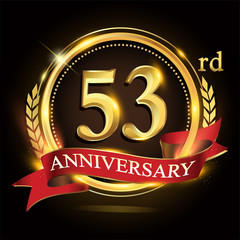 53rd golden anniversary logo, with shiny ring and red ribbon, laurel wreath isolated on black background, vector design for birthday celebration.