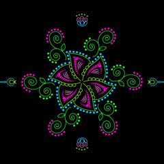  Pattern in oriental style on a black background with green and purple curls. Indian or oriental ornament in vector