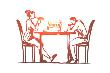 Pizza, cafe, couple, table, dating concept. Hand drawn isolated vector.
