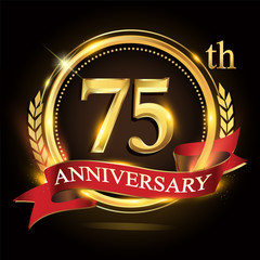 75th golden anniversary logo, with shiny ring and red ribbon, laurel wreath isolated on black background, vector design for birthday celebration.