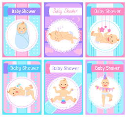 Baby shower vector, kids having happy childhood flat style. Flags and celebration elements, sleeping kiddo, character wearing paper hat, cards set
