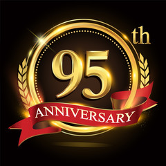 95th golden anniversary logo, with shiny ring and red ribbon, laurel wreath isolated on black background, vector design for birthday celebration.