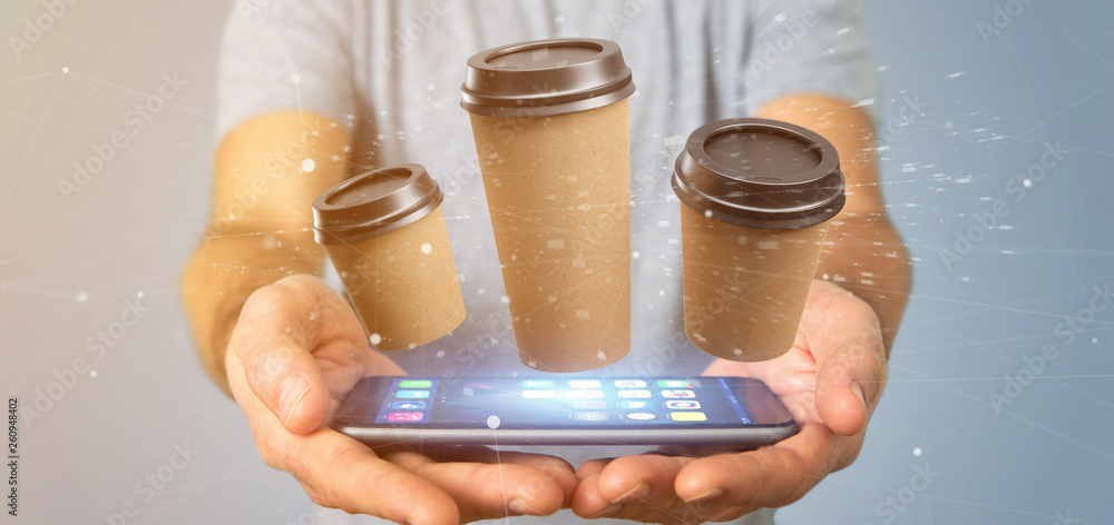 Poster group of cardbox coffee cup with connection 3d rendering