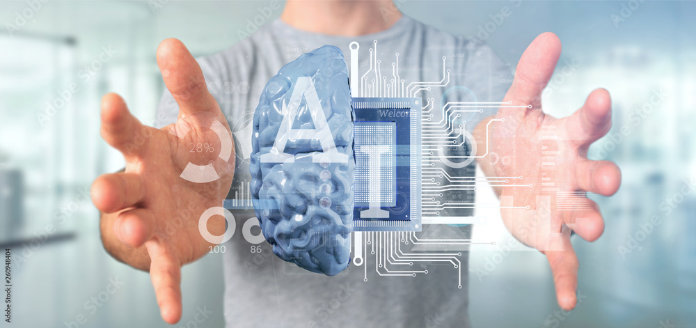 Poster business man holding artificial intelligence icon with half brain and half circuit 3d rendering