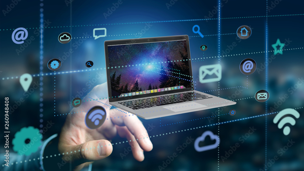 Poster businessman holding a computer surrounding by app and social icon - 3d render