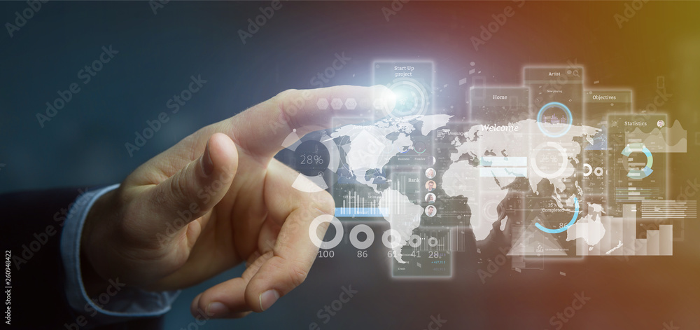 Poster businessman holding user interface screens with icon, stats and data 3d rendering