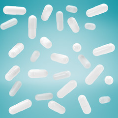 3D White capsule vitamins. White pills in flight. 3d render. 3D image. 3D model