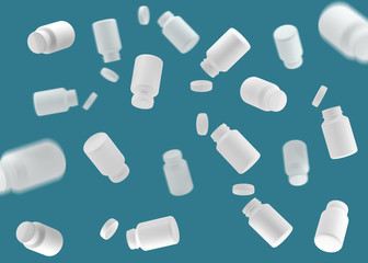 3D White bottle vitamins. White can in flight. 3d render. 3D image. 3D model