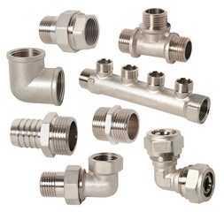 Set of pipe fittings connection for industry. Assorted Plumbing fixtures and piping parts 
